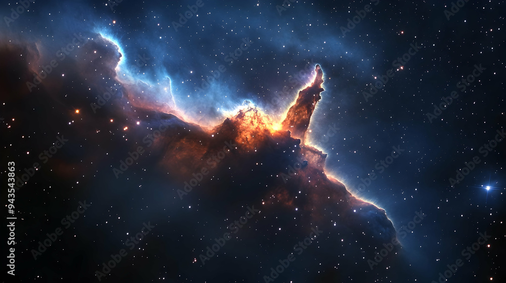 A cosmic landscape of nebulae with a bright, star-filled sky. A cosmic landscape of nebulae with a bright, star-filled sky.