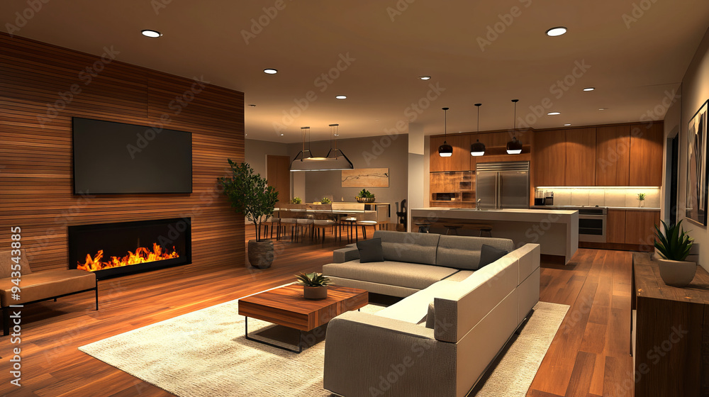 A 3D visualization of a modern house interior showcasing minimalism. Features include a living room, kitchen, dining room, fireplace, and TV area. A 3D visualization of a modern house interior showcasing minimalism. Features include a living room, kitchen, dining room, fireplace, and TV area.
