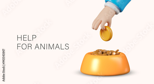 Concept of helping pets. Realistic hand drops coin into bowl of food