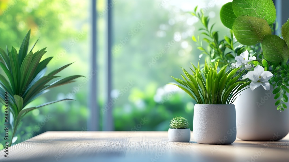 A wooden table with potted plants in front of a window with a blurred green background. Sunlight streams in, illuminating the scene. A wooden table with potted plants in front of a window with a blurred green background. Sunlight streams in, illuminating the scene.
