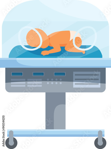 Newborn baby is sleeping peacefully in a modern hospital incubator, representing the concept of neonatal care and technology
