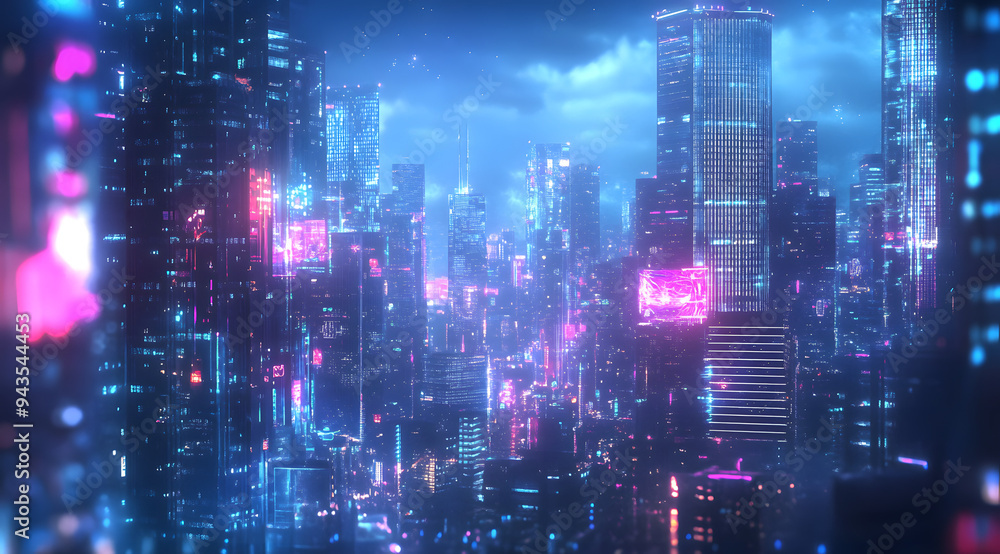 A Futuristic Cityscape with Towering Skyscrapers Illuminated Against a Night Sky, Showcasing Advanced Architecture and Neon Lights, Capturing the Essence of a Modern Metropolis with High-Tech Infrastr A Futuristic Cityscape with Towering Skyscrapers Illuminated Against a Night Sky, Showcasing Advanced Architecture and Neon Lights, Capturing the Essence of a Modern Metropolis with High-Tech Infrastr