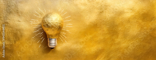 A yellow lightbulb with drawn light lines, placed on a gold background for a creative idea concept. Background with copy space. photo