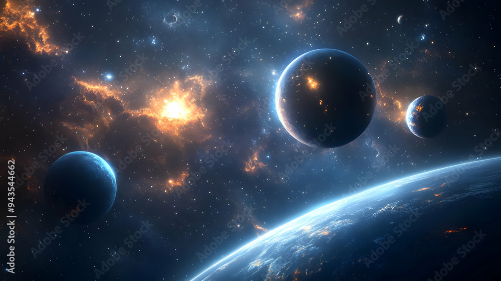 A cosmic landscape with planets, stars and a nebula. A cosmic landscape with planets, stars and a nebula.