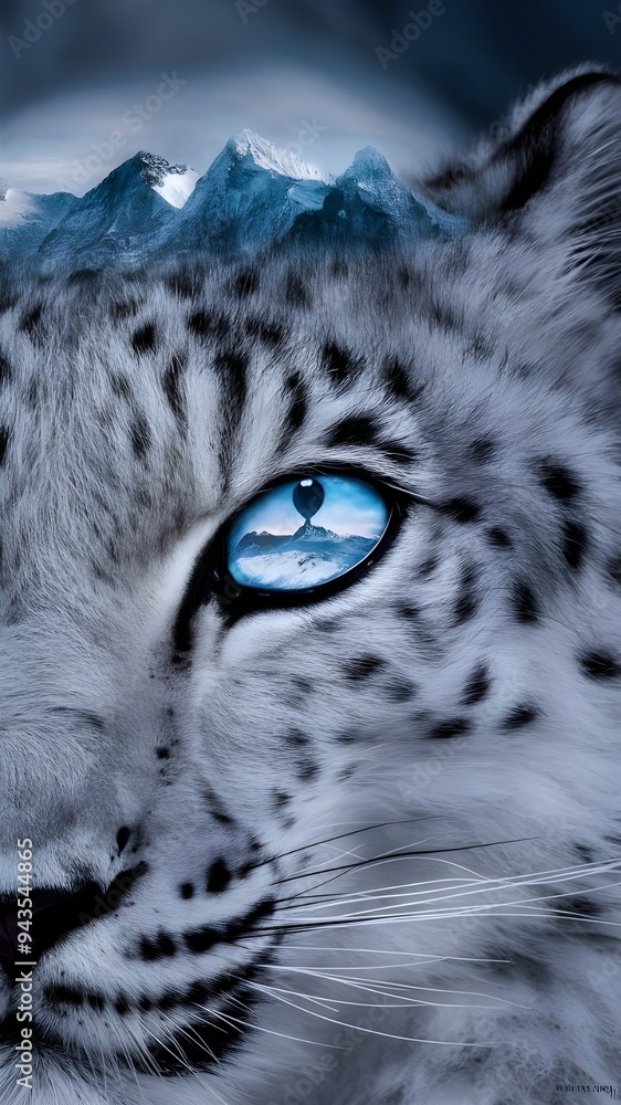 Naklejka premium a leopard with a blue eye and a mountain in the background