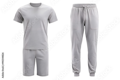 Men's sportswear grey suit tshirt mockup, shorts , pajamas and trousers isolated on transparent background. Man grey tracksuit cloth mock up template for design. PNG