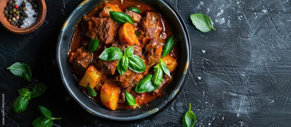 Beef goulash made at home garnished with basil sprigs in a copy space image Beef goulash made at home garnished with basil sprigs in a copy space image