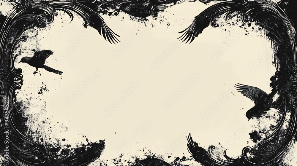 Artistic black and white illustration with birds and ornate frames. Artistic black and white illustration with birds and ornate frames.