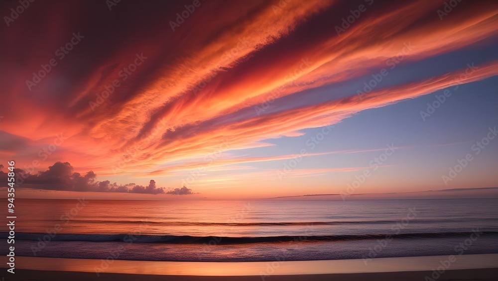 Fototapeta premium A vibrant sunset over a calm ocean, with the sky ablaze in shades of orange, pink, and purple, and gentle waves lapping at the shore.