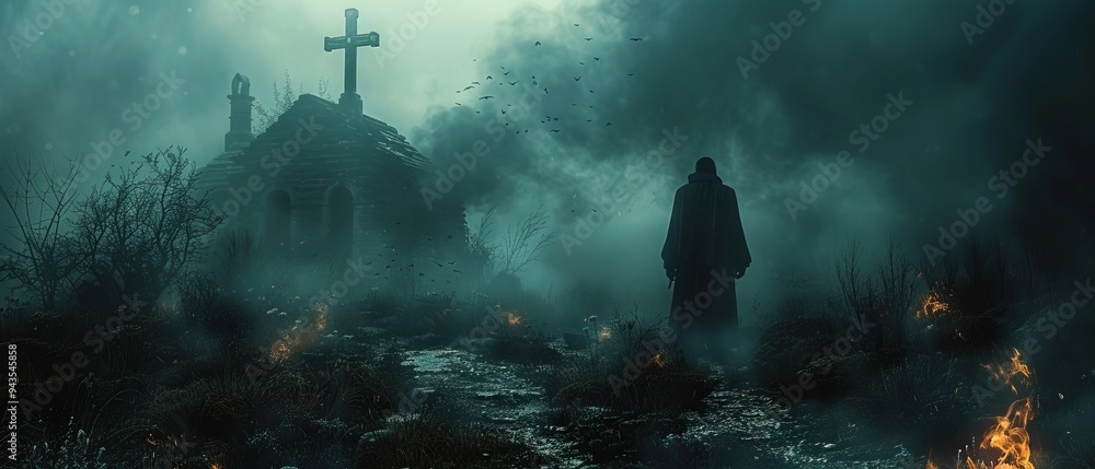 Fototapeta premium Mysterious Figure Stands Before an Old Church in a Foggy Night
