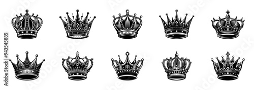 Big collection quality crowns. Crown icon set. Collection of black crown silhouette isolated on transparent background