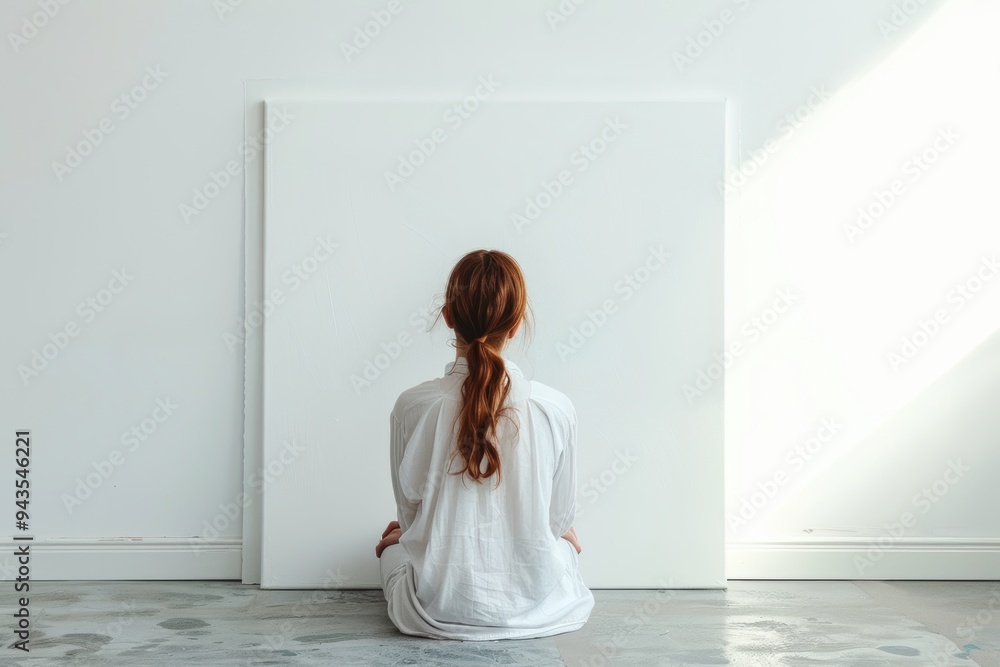 White canvas with large copy space in a pastel girlish room with a pretty artist seen from behind... White canvas with large copy space in a pastel girlish room with a pretty artist seen from behind...