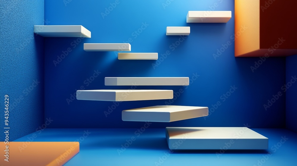 Abstract minimalist background with floating white platforms on a blue wall. Abstract minimalist background with floating white platforms on a blue wall.