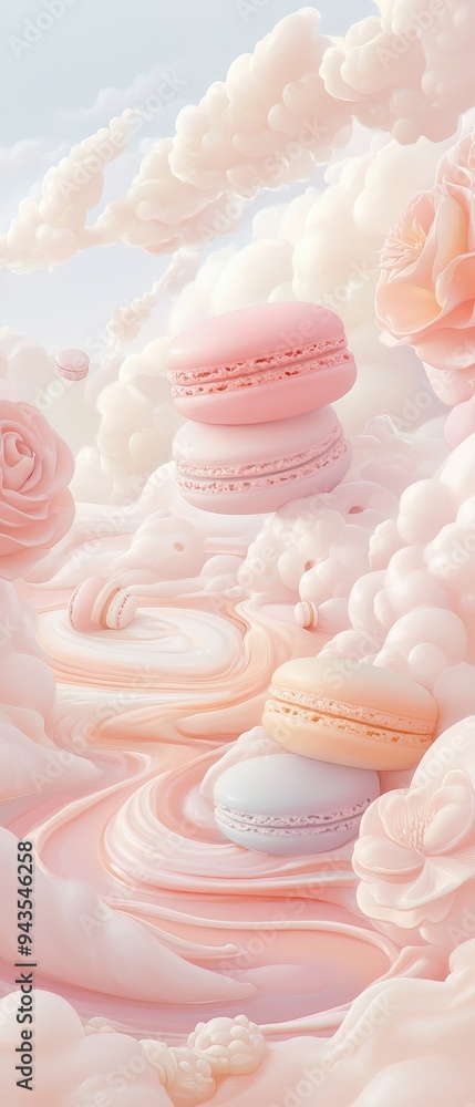 A pink and white image of three macarons with a pink background A pink and white image of three macarons with a pink background