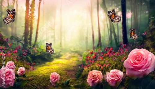 fantasy fairytale forest with roses and butterflys background magical forest wallaper photo