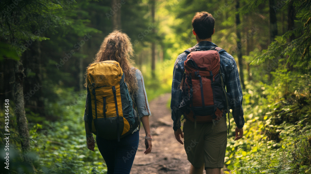 Young couple hiking in the forest Young couple hiking in the forest