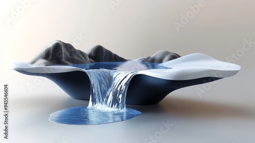 Abstract sculpture of a mountain range with a waterfall flowing into a lake. photo