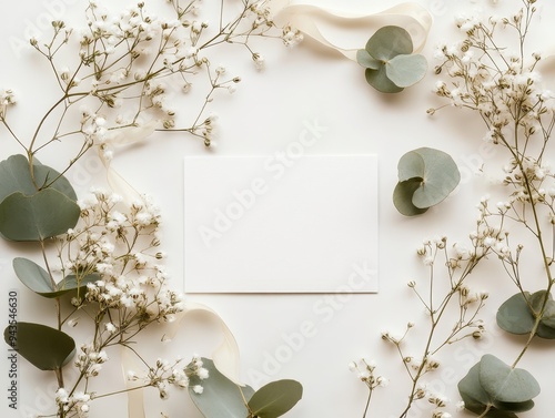 Delicate baby s breath flowers with eucalyptus, ribbon, and blank card on white background photo