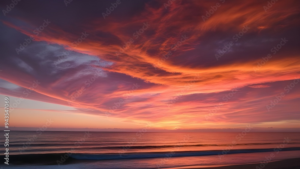 A vibrant sunset over a calm ocean, with the sky ablaze in shades of orange, pink, and purple, and gentle waves lapping at the shore. A vibrant sunset over a calm ocean, with the sky ablaze in shades of orange, pink, and purple, and gentle waves lapping at the shore.