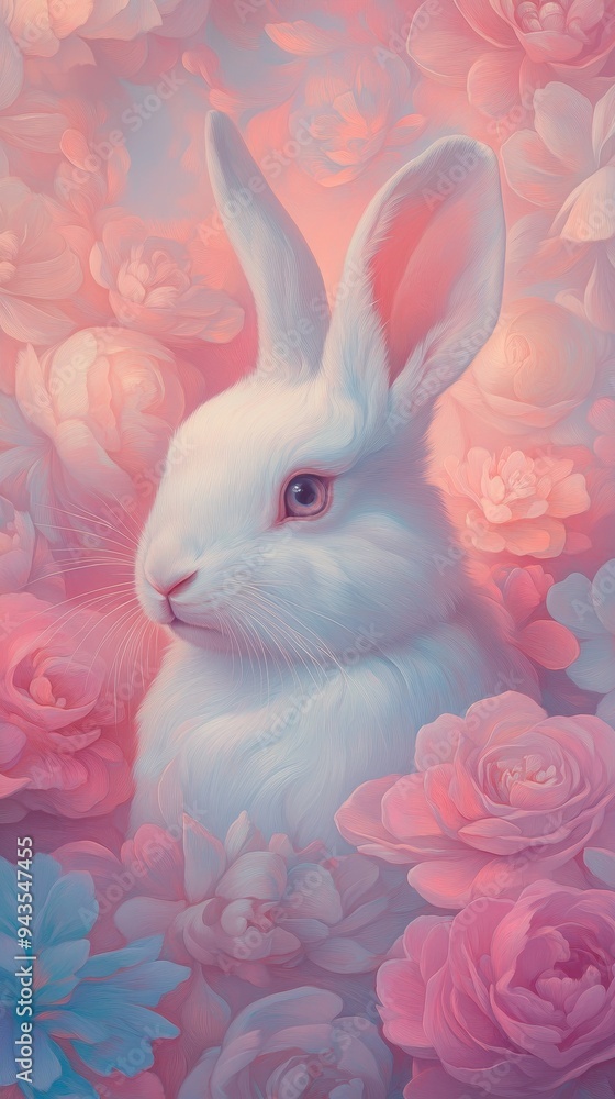 A white rabbit is standing in a field of pink flowers A white rabbit is standing in a field of pink flowers