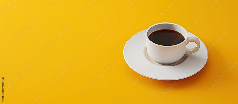 Mockup with a white coaster and coffee cup on a yellow background with copy space image Mockup with a white coaster and coffee cup on a yellow background with copy space image