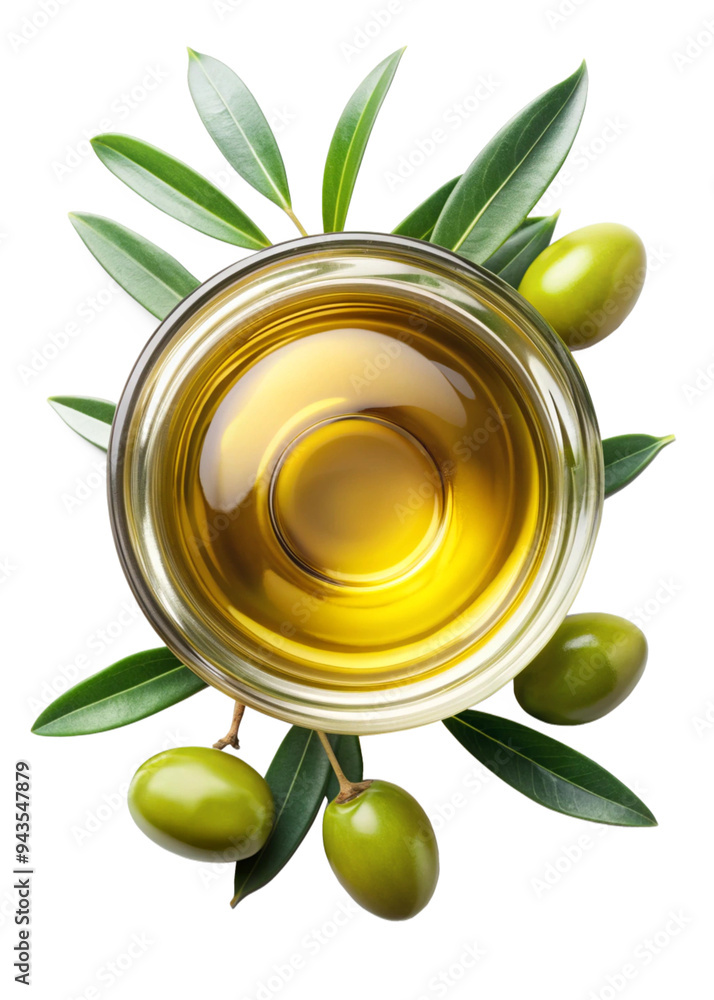 Top view of Extra virgin olive oil in glass bowl and green olive fruit with leaves, isolated on white background. Top view of Extra virgin olive oil in glass bowl and green olive fruit with leaves, isolated on white background.