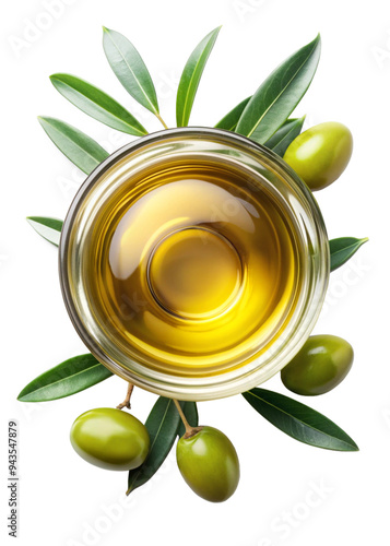 Top view of Extra virgin olive oil in glass bowl and green olive fruit with leaves, isolated on white background.