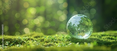 Crystal Earth on green moss with copy space image for World Environment Day symbolizing renewable energy and green business to save the world with concepts of ecology conservation and green energy