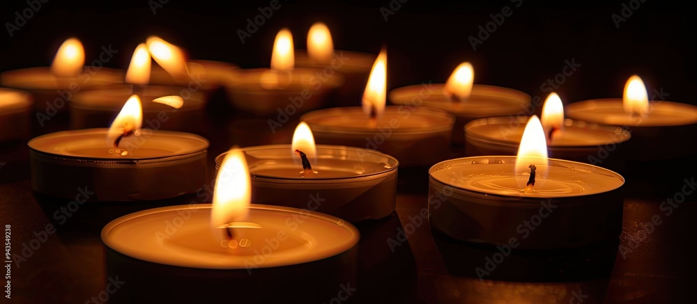 Close up shot with numerous lit candles on a black background providing ample copy space image Close up shot with numerous lit candles on a black background providing ample copy space image