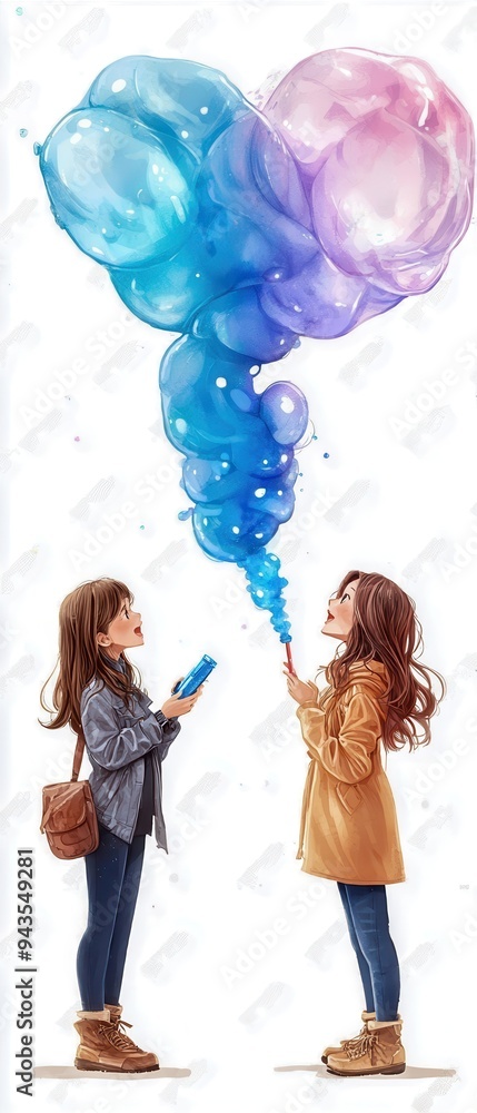Naklejka premium Two young girls create colorful bubbles, symbolizing joy and friendship in a magical, playful atmosphere.