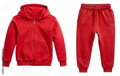 Kids sports suit red color with sweathoodie and sweatpants isolated on a grey background. Children's casual sports style concept. Red tracksuit hoodie jacke and sweatpants joggers with pockets. photo