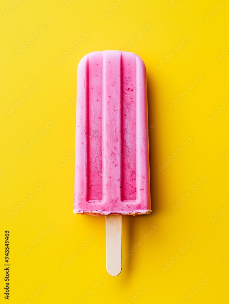 A summer pink icepop with a brown stick against a yellow background. Color contrast with the solid color of the background. Summer mood. A summer pink icepop with a brown stick against a yellow background. Color contrast with the solid color of the background. Summer mood.