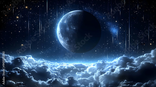 A crescent moon hangs above...