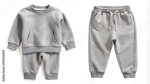 Kids sports suit light grey color sweatshirt and sweatpants isolated on a white background. Children's baby casual sports style concept. Grey tracksuit hoodie and sweatpants joggers with pockets.