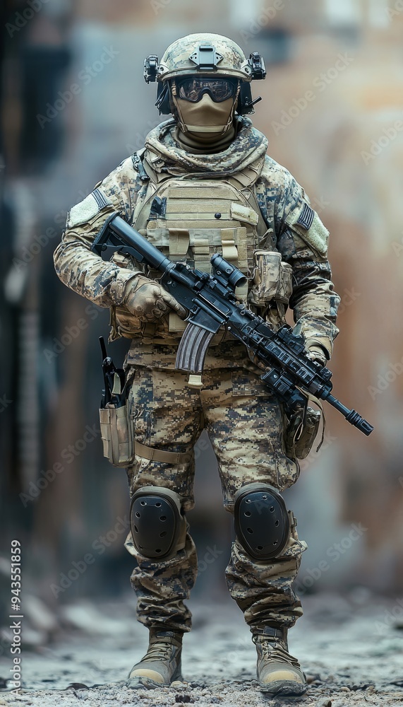 Full body portrait of a soldier against a softly blurred background for enhanced focus Full body portrait of a soldier against a softly blurred background for enhanced focus