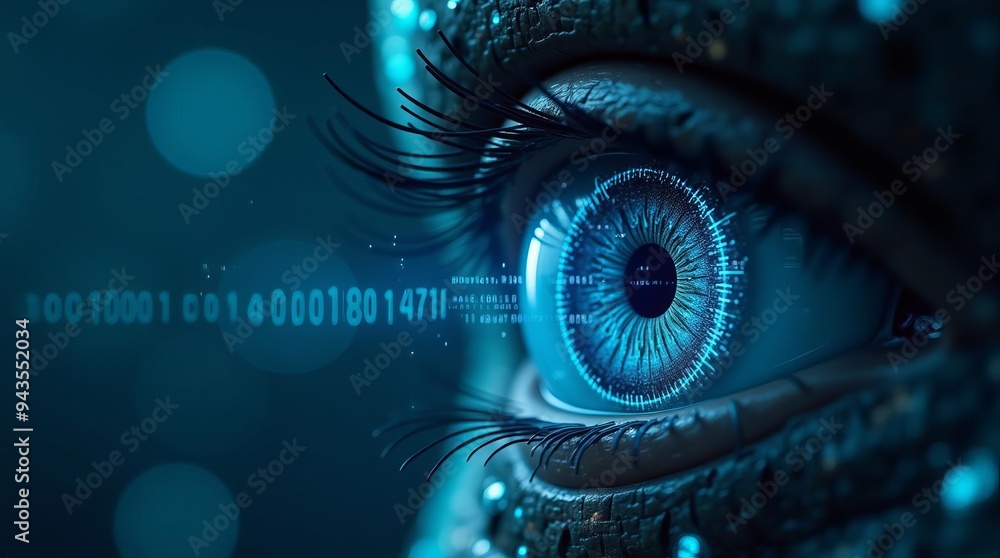 Biometric Eye Recognition: Close-up of Human Iris with Digital Interface Overlay for Advanced Security Identification Technology Biometric Eye Recognition: Close-up of Human Iris with Digital Interface Overlay for Advanced Security Identification Technology