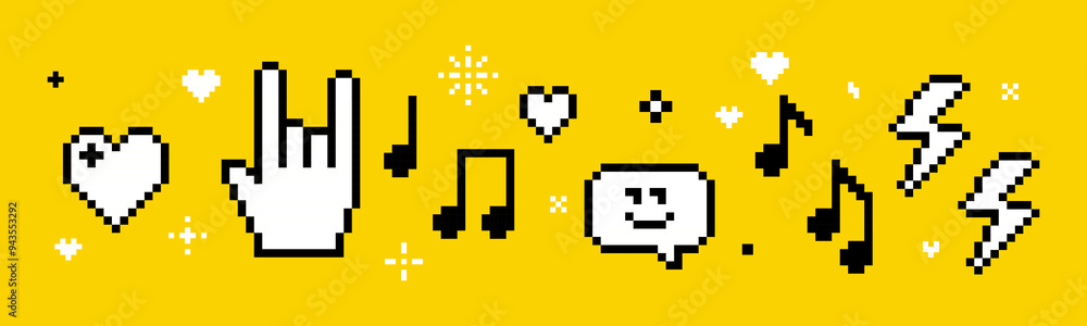 Festival vector concept in pixel art. Trendy Y2k retro sticker set. Playful pixel shapes. Player, melody, song, heart. Rock hand icon. Fans, rock-n-roll, music notes, cool. Mood of 90's aesthetics Festival vector concept in pixel art. Trendy Y2k retro sticker set. Playful pixel shapes. Player, melody, song, heart. Rock hand icon. Fans, rock-n-roll, music notes, cool. Mood of 90's aesthetics