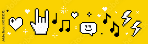 Festival vector concept in pixel art. Trendy Y2k retro sticker set. Playful pixel shapes. Player, melody, song, heart. Rock hand icon. Fans, rock-n-roll, music notes, cool. Mood of 90's aesthetics