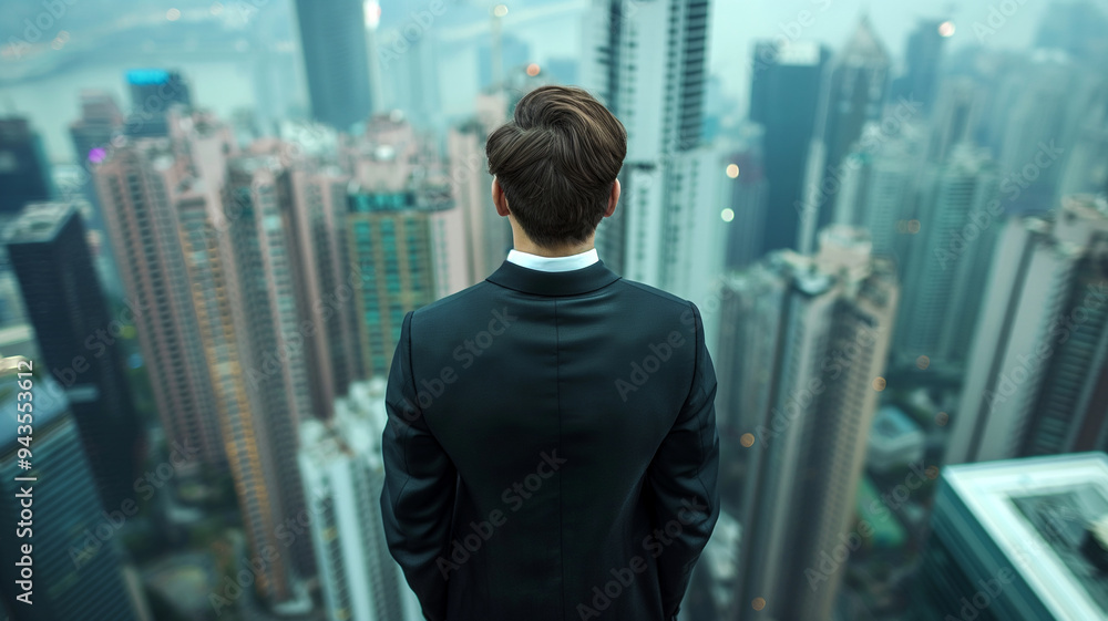 Businessman overlooking city skyline from above Businessman overlooking city skyline from above