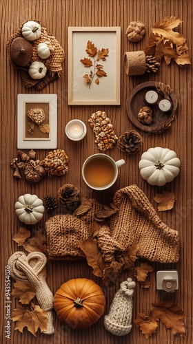 Scandinavian Simplicity: Knolling-Style Autumn Scene with Clean Lines and Cozy Elegance photo