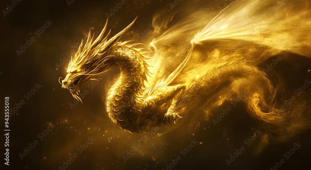 A Golden Dragon Soaring Through the Air, Its Majestic and Powerful Form Capturing the Essence of Mythology and Legendary Creatures, Depicting Strength, Power, and Divinity in a Striking Visual Composi A Golden Dragon Soaring Through the Air, Its Majestic and Powerful Form Capturing the Essence of Mythology and Legendary Creatures, Depicting Strength, Power, and Divinity in a Striking Visual Composi