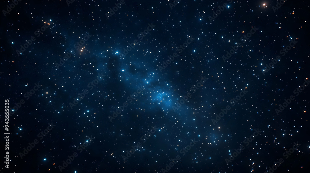 A dark blue night sky filled with bright stars and a cluster of stars in the center. A dark blue night sky filled with bright stars and a cluster of stars in the center.