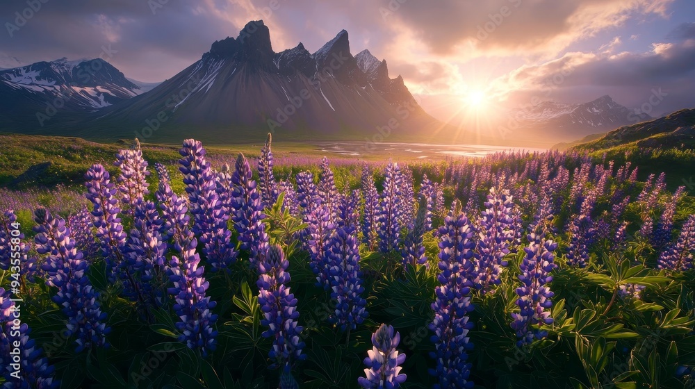 Obraz premium Glowing lupine flowers bask in sunlight by Stokksnes cape, Iceland, creating a stunning and unique spectacle for tourists to admire.