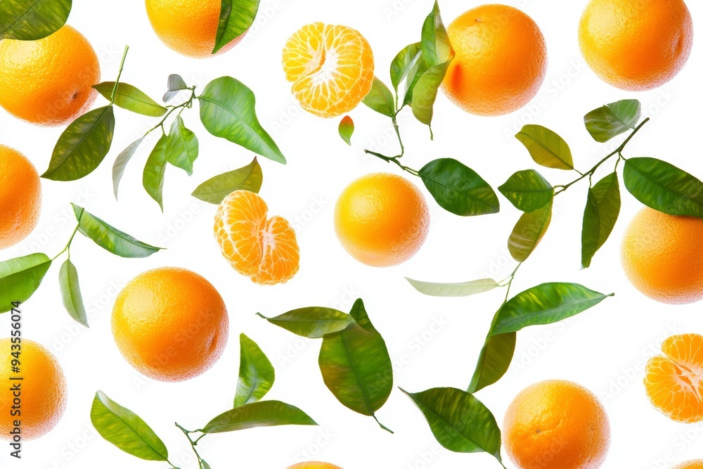 Fresh fruit with high vitamins and minerals, orange slices with green leaves falling or floating in the air. Fresh fruit with high vitamins and minerals, orange slices with green leaves falling or floating in the air.