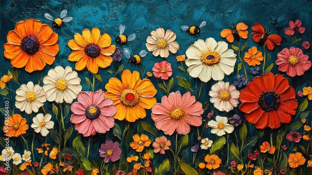 Cute oil painting of a pattern with smiling flowers and bees Cute oil painting of a pattern with smiling flowers and bees