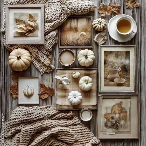 Scandinavian Simplicity: Knolling-Style Autumn Scene with Clean Lines and Cozy Elegance photo