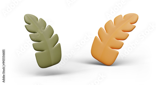 Set of 3D leaves of different colors. Plant elements in plasticine style