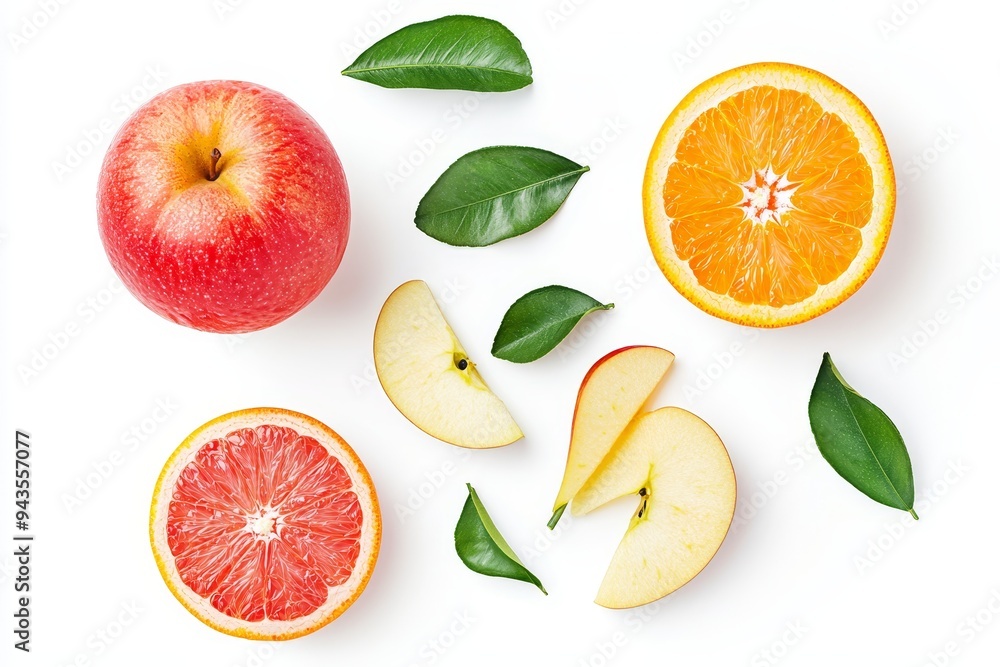 Fruit with high nutrients and vitamins, oranges and apples with half slices falling or floating in the air with green leaves isolated on a white background. Fruit with high nutrients and vitamins, oranges and apples with half slices falling or floating in the air with green leaves isolated on a white background.
