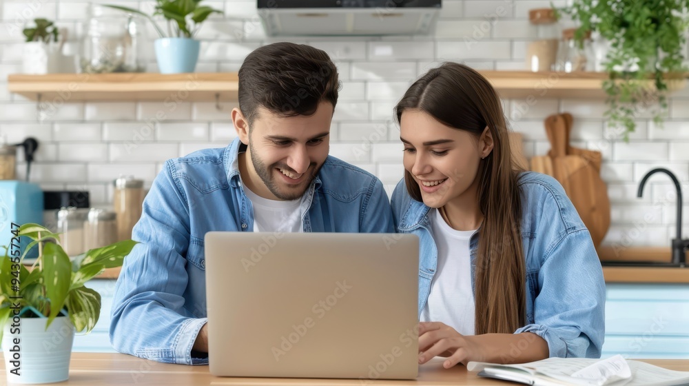 Smiling couple sitting together in a modern kitchen, focused on a laptop screen, enjoying time working or browsing online. Smiling couple sitting together in a modern kitchen, focused on a laptop screen, enjoying time working or browsing online.