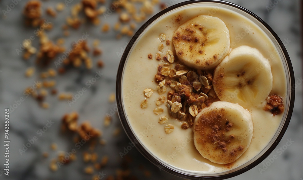 Banana protein milkshake close-up on the table. Banana almond smoothie on dark background. Sports nutrition. Space for text. Copy space. Banana protein milkshake close-up on the table. Banana almond smoothie on dark background. Sports nutrition. Space for text. Copy space.